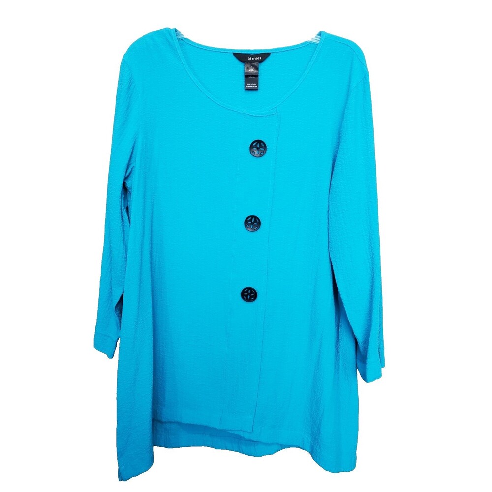 Ali Miles Aqua Gauzy Textured Button-Accent Tunic Size Large Lagenlook
